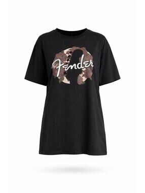 Fender Floral Graphic Tee Womens XL Black Guitar Band Shirt Oversized Fit